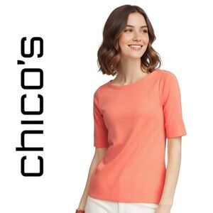 Chico's Pima Cotton Bateau Neck Tee Shirt Sunset Peach Women’s Size 2 LARGE NWT